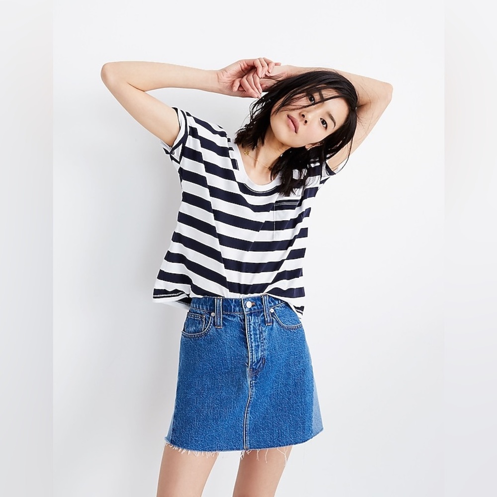 Rigid Denim A-Line Mini Skirt: Pieced Editions, Size 27